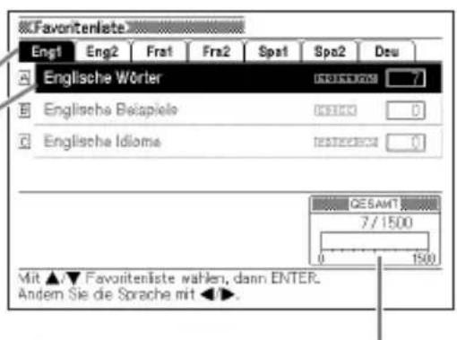 Favoritenliste Engt Eng2 Frat Fra2 Spat1 Spo2 Deu Englische Wörter Englische Beispiele Englische Idiome GESAMT 7/1500 0 1500 Mit ▲▼ Favoritenliste wählen, dann ENTER. Andem Sie die Sprache mit ◀►.