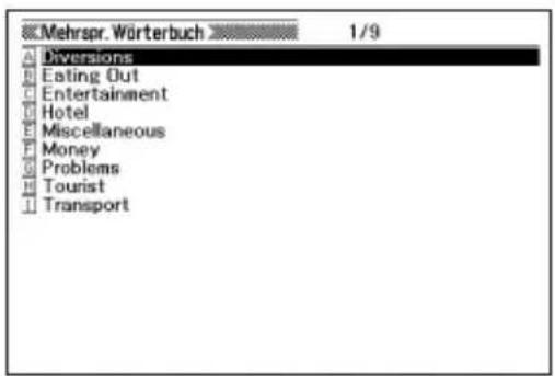 Mehrspr. Wörterbuch 1/9 A Divisions B Eating Out C Entertainment D Hotel E Miscellaneous F Money G Problems H Tourist I Transport