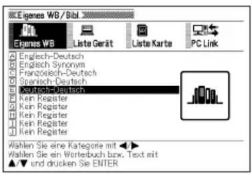 Eigenes WB / Bibl Eigenes WB Liste Gerät Liste Karte PC Link Englech-Deutsch Englech Synonym Französisch-Deutsch Spanisch-Deutsch Deutsch-Deutsch Kein Register Kein Register Kein Register Kein Register Kein Register Wahlen Sie eine Kategorie mit ▶▶ Wallen Sie ein Worterbuch bzw. Text mit ▲/▼ und drücken Sie ENTER
