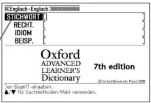 Englisch-Englisch STICHWORT RECHT. IDIOM BEISP. Oxford ADVANCED LEARNER'S Dictionary 7th edition @ Oxford University Press 2008 Den Begriff eingeben. ▲/▼ für Suchmethoden-Wahl verwenden.