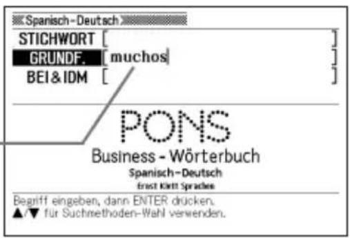 Spanisch-Deutsch STICHWORT [ ] GRUNDF. [muchos] BEI & IDM [ ] PONS Business - Wörterbuch Spanisch-Deutsch Ernst Klett Sprachee Begriff eingeben, dann ENTER drücken. ▲/▼ für Suchmethoden-Wahl verwenden.
