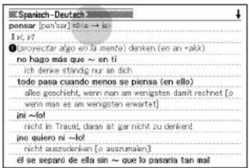 Spanish-Deutsch pensar [pen'sar] ← (e → i) I w, vt (proyectar algo en la mente) denken (en an +akk) no hago más que ~ en ti ich denke standig nur an dich todo pasa cuando menos se piensa (en ello) alles geschieht, wenn man am wenigsten damit rechnet [o wenn man es am wenigsten erwartet] ini ~lol nicht in Traunl, daran ist gar nicht zu denken! jno quiero ni ~lol nicht auszudenkon [o auszumalen] él se separó de ella sin ~ que lo pasaria tan mal