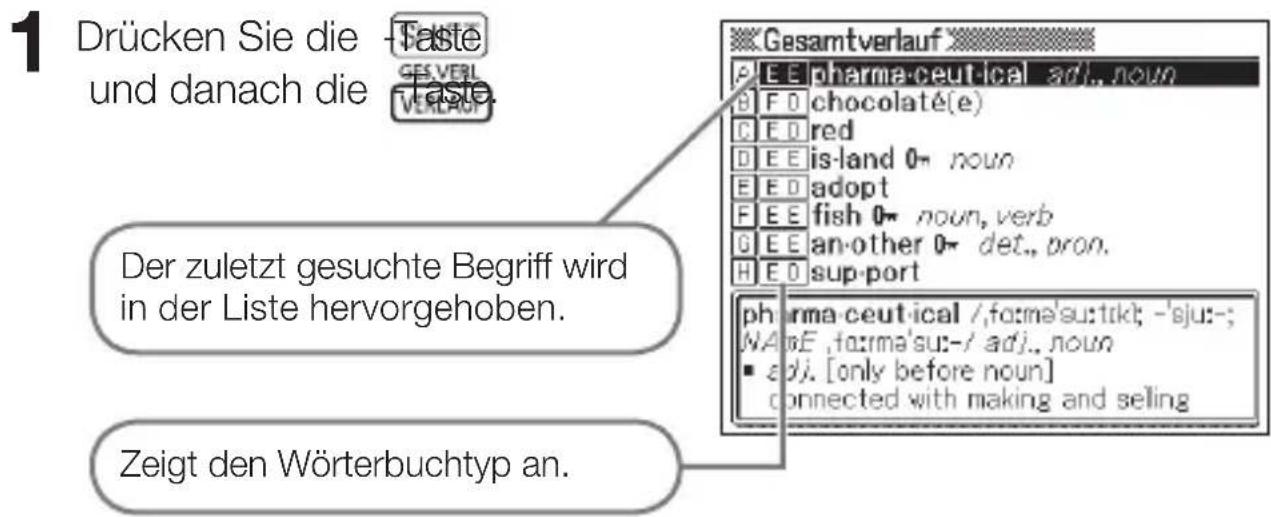 1 Drücken Sie die -Taste und danach die -Taste. Der zuletzt gesuchte Begriff wird in der Liste hervorgehoben. Zeigt den Wörterbuchtyp an.