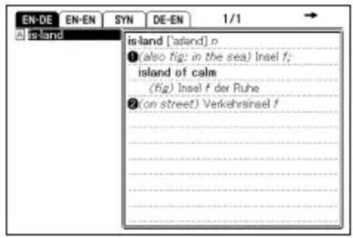 EN-DE EN-EN SYN DE-EN 1/1 is-land ['aɪnd] o ① (also fig: in the sea) Insel f; island of calm (fig) Insel f der Ruhe ② (on street) Verkehrsinsel f