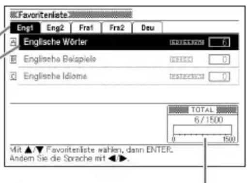 Favonitenliste Eng1 Eng2 Frat Fra2 Deu Englische Wörter Englische Belapiele Englische Idiome TOTAL 6/1500 0 1500 Mit ▲▼ Favoritenliste wählen, dann ENTER. Andem Sie die Sorache mit ◀►.