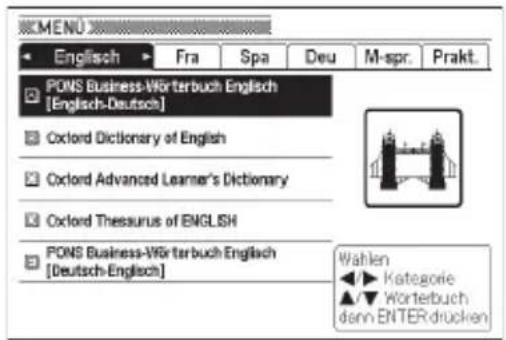 MENU Englisch Fra Spa Deu M-spr. Prakt. PONS Business-Wörterbuch Englisch [Englisch-Deutsch] Coxlord Dictionary of English Coxlord Advanced Learner's Dictionary Coxlord Thesaurus of ENGLISH PONS Business-Wörterbuch Englisch [Deutsch-Englisch] Wahlen Kategorie Wörterbuch dann ENTER drucken