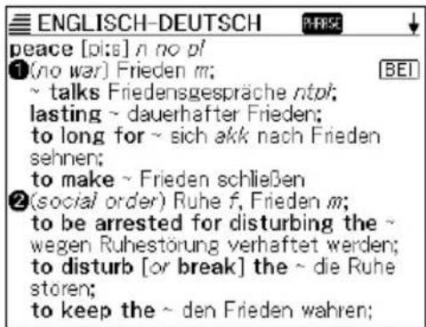 ENGLISCH-DEUTSCH peace [pi:s] n no pi ①(no war) Frieden m; ~ talks Friedensgespräche ntpi; lasting ~ dauerhafter Frieden; to long for ~ sich akk nach Frieden sehen; to make ~ Frieden schließen ②(social order) Ruhe f, Frieden m; to be arrested for disturbing the ~ wegen Ruhestörung verhaftet werden; to disturb [or break] the ~ die Ruhe storen; to keep the ~ den Frieden wahren;