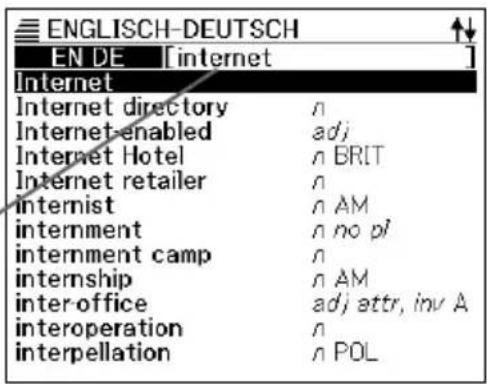 ENGLISCH-DEUTSCH EN DE [internet] Internet Internet directory n Internet-enabled adj Internet Hotel n BRIT Internet retailer n internist n AM internment n no pl internment camp n internship n AM inter office adj attr, inv A interoperation n interpellation n POL