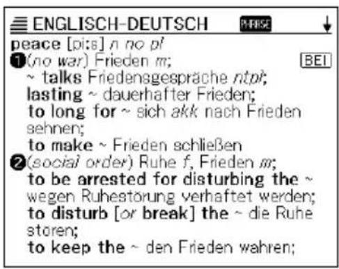 ENGLISCH-DEUTSCH peace [pi:s] n no pi (no war) Frieden m; ~ talks Friedensgespräche ntpi; lasting ~ dauerhafter Frieden; to long for ~ sich akk nach Frieden sehen; to make ~ Frieden schließen (social order) Ruhe f, Frieden m; to be arrested for disturbing the ~ wegen Ruhestörung verhaftet werden; to disturb [or break] the ~ die Ruhe storen; to keep the ~ den Frieden wahren;
