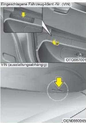 Eingeschlagene Fahrzeug-Ident.-Nr. (VIN) OTQ067001 VIN (ausstattungsabhängig) OEN086004N