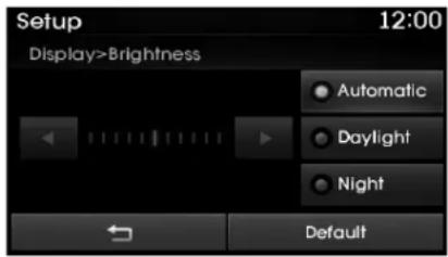 Setup 12:00 Display>Brightness Automatic Daylight Night Default