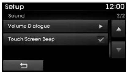 Setup 12:00 Sound 2/2 Volume Dialogue Touch Screen Beep