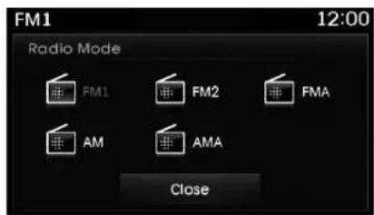 FM1 12:00 Radio Mode FM1 FM2 FMA AM AMA Close