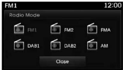 FM1 12:00 Radio Mode FM1 FM2 FMA DAB1 DAB2 AM Close
