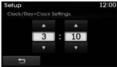 Setup 12:00 Clock/Day>Clock Settings 3 : 10