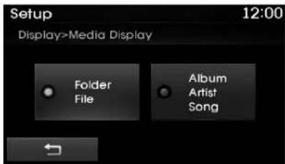 Setup 12:00 Display>Media Display Folder File Album Artist Song