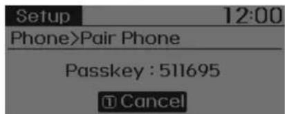 Setup 12:00 Phone>Pair Phone Passkey : 511695 Cancel