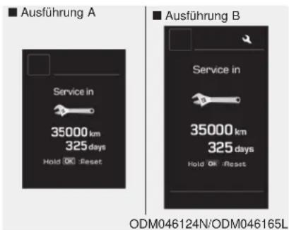 Ausführung A Service in 35000 km 325 days Hold OK - Reset Ausführung B Service in 35000 km 325 days Hold OK - Reset ODM046124N/ODM046165L