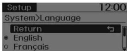 Setup 12:00 System>Language Return English Français
