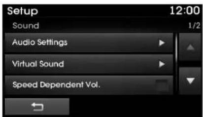 Setup 12:00 Sound 1/2 Audio Settings Virtual Sound Speed Dependent Vol.