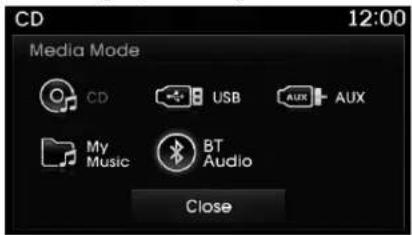 CD 12:00 Media Mode CD USB AUX AUX My Music BT Audio Close