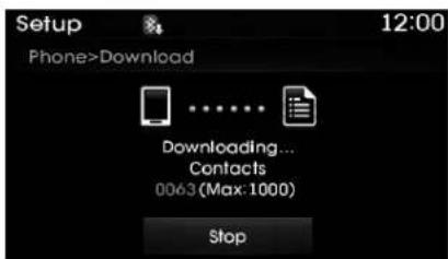 Setup 12:00 Phone>Download Downloading... Contacts 0063 (Max: 1000) Stop