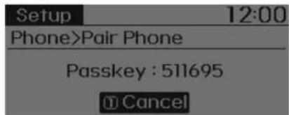 Setup 12:00 Phone>Pair Phone Passkey : 511695 Cancel