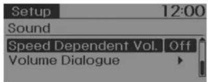 Setup 12:00 Sound Speed Dependent Vol. Off Volume Dialogue