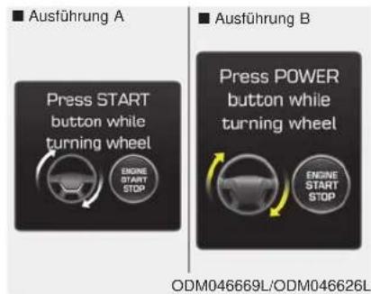 Ausführung A Press START button while turning wheel ENGINE START STOP Ausführung B Press POWER button while turning wheel ENGINE START STOP ODM046669L/ODM046626L