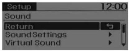 Setup 12:00 Sound Return Sound Settings Virtual Sound