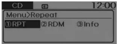 CD 12:00 Menu>Repeat ①RPT ②RDM ③Info