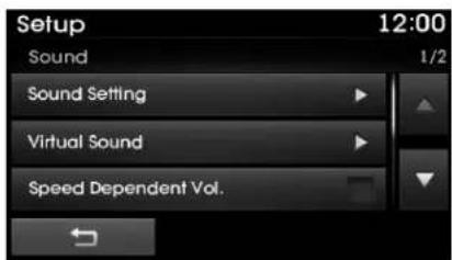 Setup 12:00 Sound 1/2 Sound Setting Virtual Sound Speed Dependent Vol.