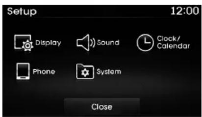 Setup 12:00 Display Sound Clock/ Calendar Phone System Close
