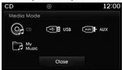 CD 12:00 Media Mode CD USB AUX My Music Close