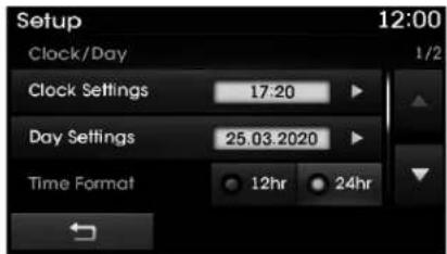 Setup 12:00 Clock/Day Clock Settings 17:20 Day Settings 25.03.2020 Time Format 12hr 24hr