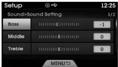 Setup 12:25 Sound>Sound Setting 1/2 Bass -1 Middle 0 Treble 0 MENU
