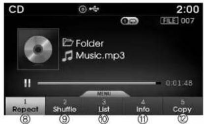 CD 2:00 FILE 007 Folder Music.mp3 0:01:48 1 Repeat 2 Shuttle 3 List 4 Info 5 Copy ⑧ ⑨ ⑩ ⑪ ⑫
