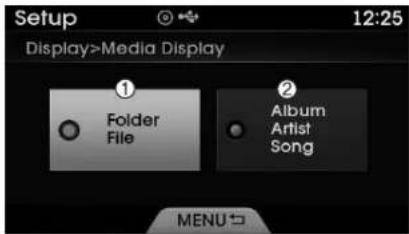 Setup 12:25 Display>Media Display Folder File Album Artist Song MENU