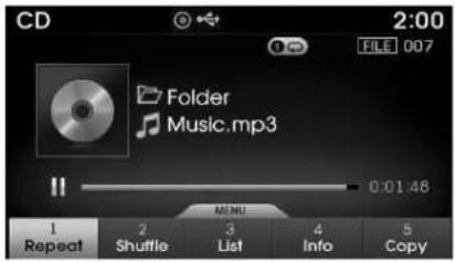 CD 2:00 FILE 007 Folder Music.mp3 0:01:48 1 Repeat 2 Shuffle 3 List 4 Info 5 Copy