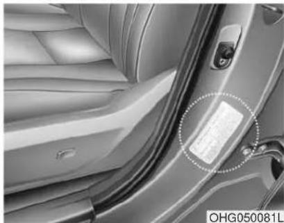 HYUNDAI Azera (2016) - TIRE SPECIFICATION AND PRESSURE LABEL - 1