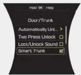 Hold OK : Help Door/Trunk Automatically Unl... Two Press Unlock Lock/Unlock Sound Smart Trunk