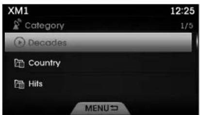 XM1 12:25 Category 1/5 Decades Country Hits MENU