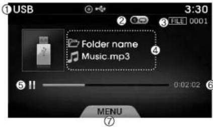 USB 3:30 FILE 0001 Folder name Music.mp3 5 II 0:02:02 MENU