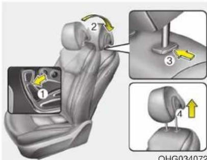 Diagram showing car seat assembly with numbered parts and directional arrows indicating movement or positioning