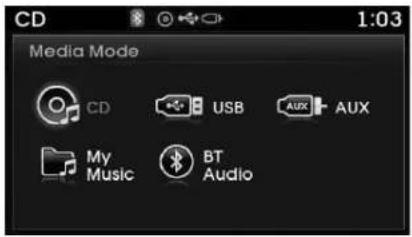 CD 1:03 Media Mode CD USB AUX Aux My Music BT Audio