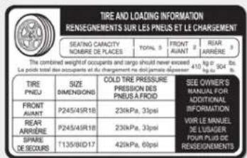 TIRE AND LOADING INFORMATION RENSEGEMENTS SUR LES PNEUS ET LE CHARGEMENT SEATING CAPACITY NOMBRE DE PLACES TOPS 3 FRONT AVIANT 2 REAR ARRIÈRE 3 The combined weight of occupants and cargo should never exceed Le point total free occupants at As chargement ne des charges dégressés. 410 p. du 304 bts. TIRE PNEU SIZE DIMENSIONS COLD TIRE PRESSURE PRESSION DES PNEUSA FROID SEE OWNER'S MANUAL FOR ADDITIONAL INFORMATION REAR ANNIÈRE P245/49R18 23kPa, 31psi VIR LE MANUEL DE LUISAGE POUI PLUS DE RENSEGEMENTS SPARS DE SEOURS T135/80D17 42kPa, 60psi