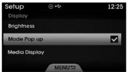 Setup 12:25 Display Brightness Mode Pop up Media Display MENU