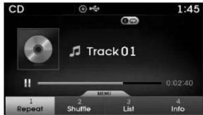 CD 1:45 Track 01 0:02:40 MENU 1 Repeat 2 Shuffle 3 List 4 Info