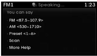 FM1 Speaking... 1:23 You can say · FM <87.5~107.9> · AM <530~1710> · Preset <1~6> · Scan · More Help
