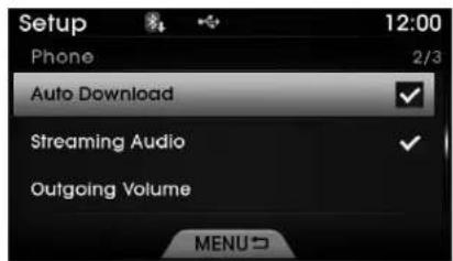 Setup Phone 12:00 Auto Download Streaming Audio Outgoing Volume MENU